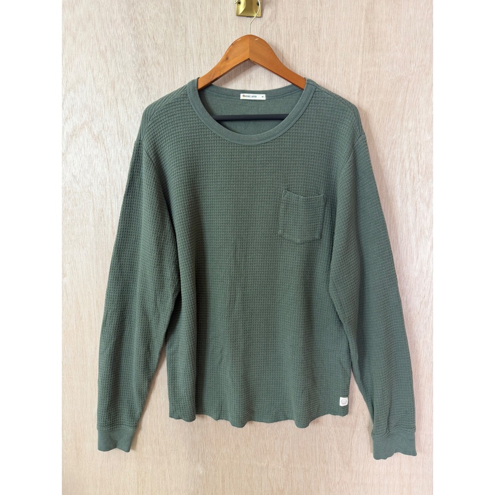 Marine Layer Mens Medium Sage Green Waffle Knit Thermal Long Sleeve Pocket Tee